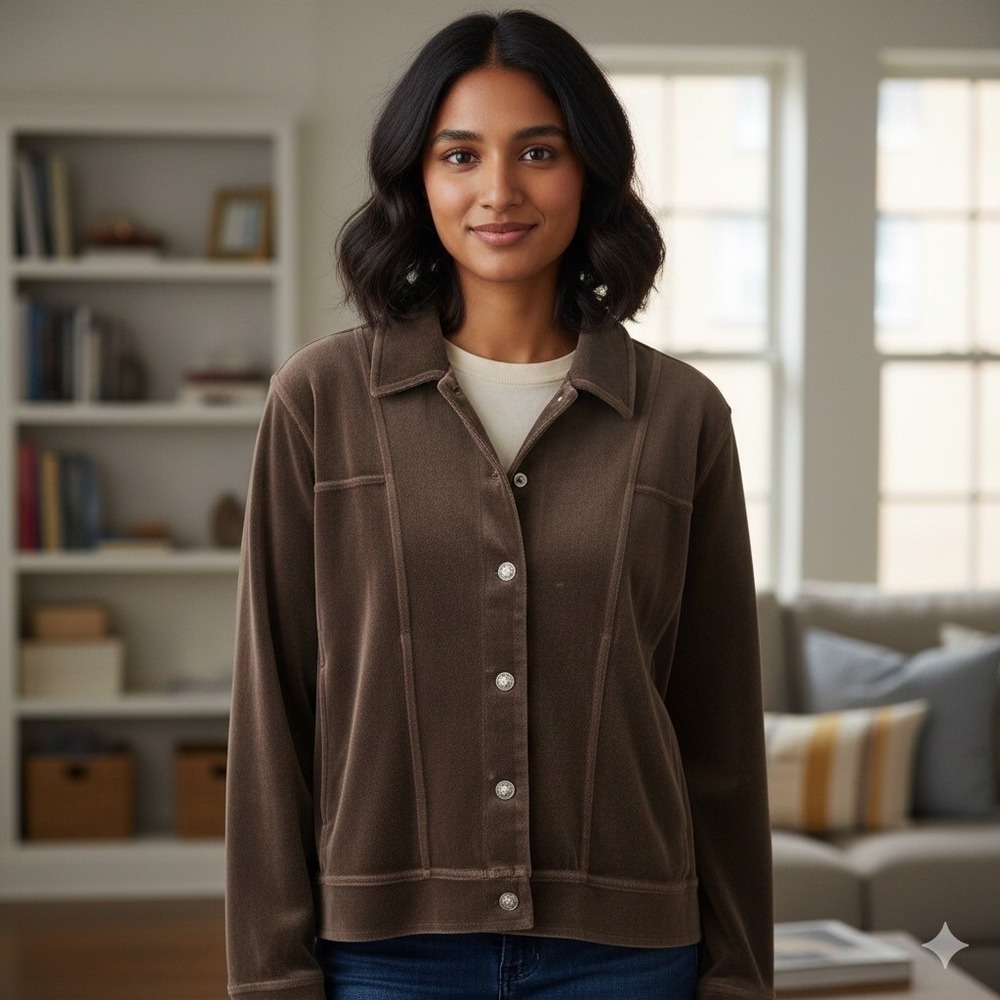 Cato Womens Size 22-24W Plus Size Velour Blouse Jacket Brown Full Button Boho